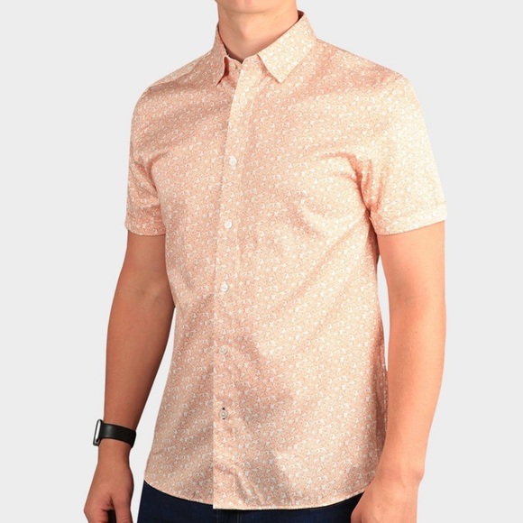 Ted Baker London Mens Orange Mybow Mini Leaf Print SS Shirt - Size 7 (Large) - Picture 1 of 12